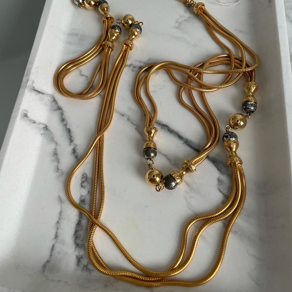 Tri Strand Gold Chain and Bead Long Necklace - Picture 5 of 6
